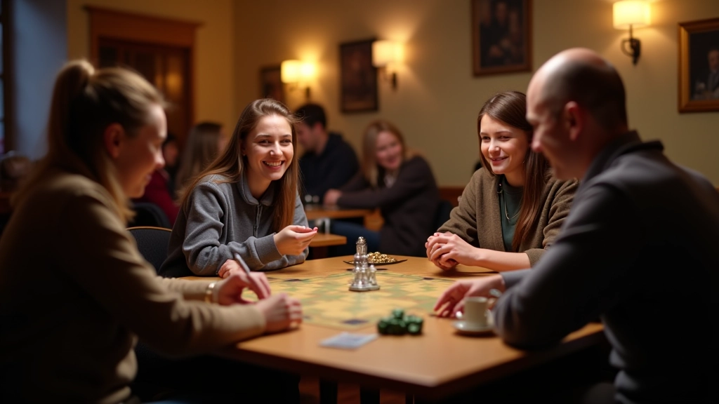 Wide shot of a gaming room with multiple tables, players focused on their games, relaxed atmosphere with good lighting and casual seating
