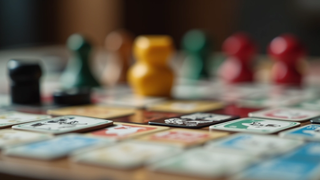 Close-up of board game components including colorful dice, game tokens, player cards, and wooden pieces arranged on a playing surface