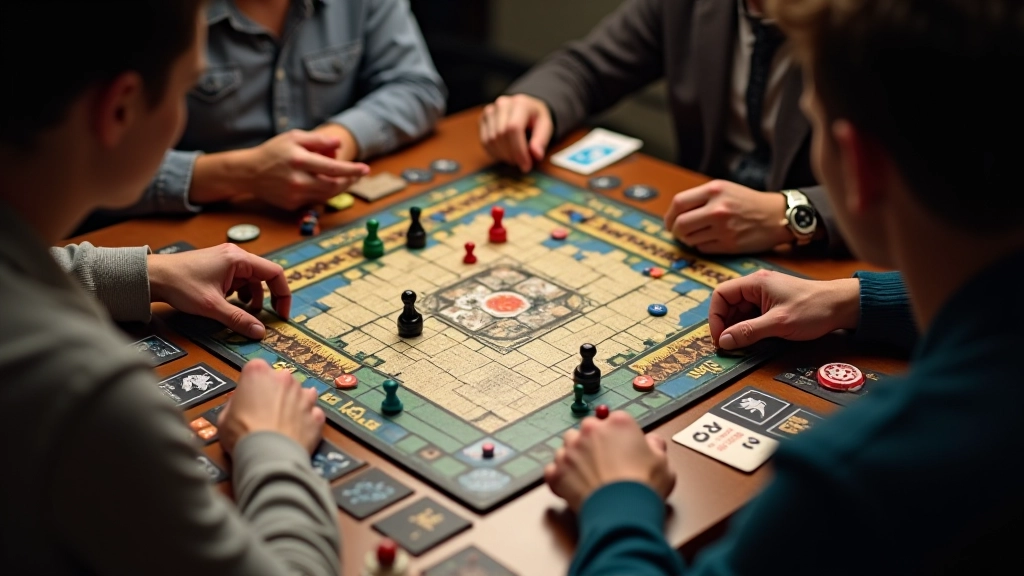 Strategy game board with complex pieces and game components arranged in active play configuration