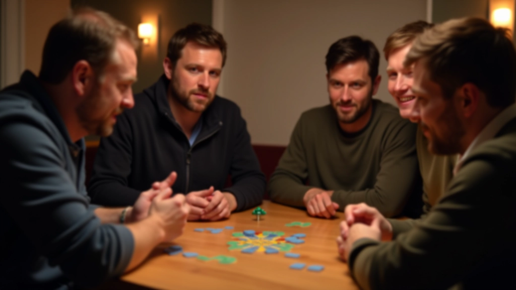 Group of competitive players gathered around gaming table sharing strategy discussion and post-game analysis