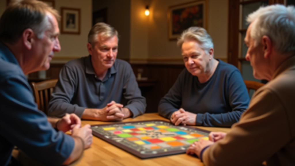 Players gathered around a wooden table with board game pieces and cards spread out