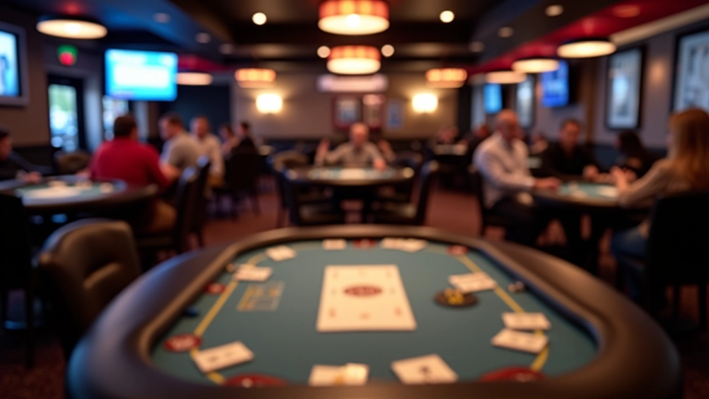 Welcoming poker club interior with multiple tournament tables set up, showing a vibrant gaming atmosphere with players at various tables