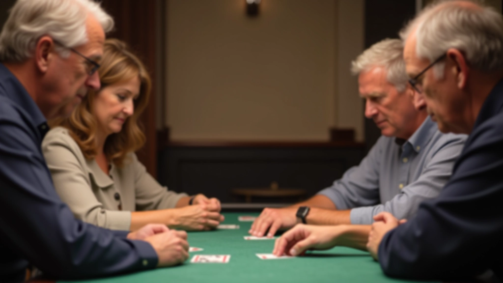Mature adult players at a bridge table concentrating on their cards during a match