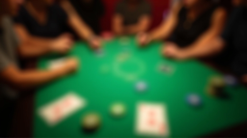 Close-up of poker chips and cards on felt table surface with players' hands visible in soft lighting