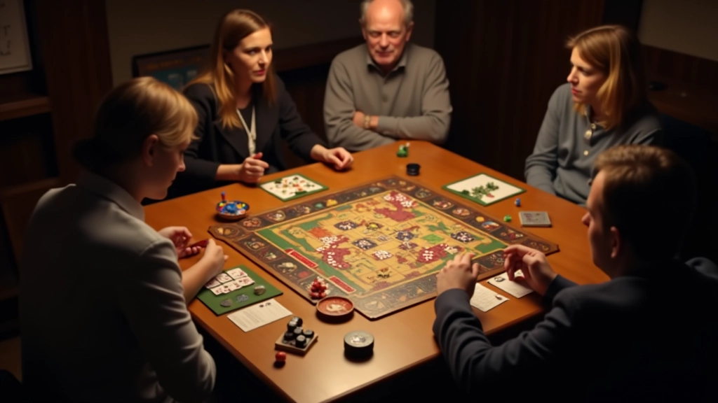Mature adults enjoying strategic board games around a wooden table with focused concentration