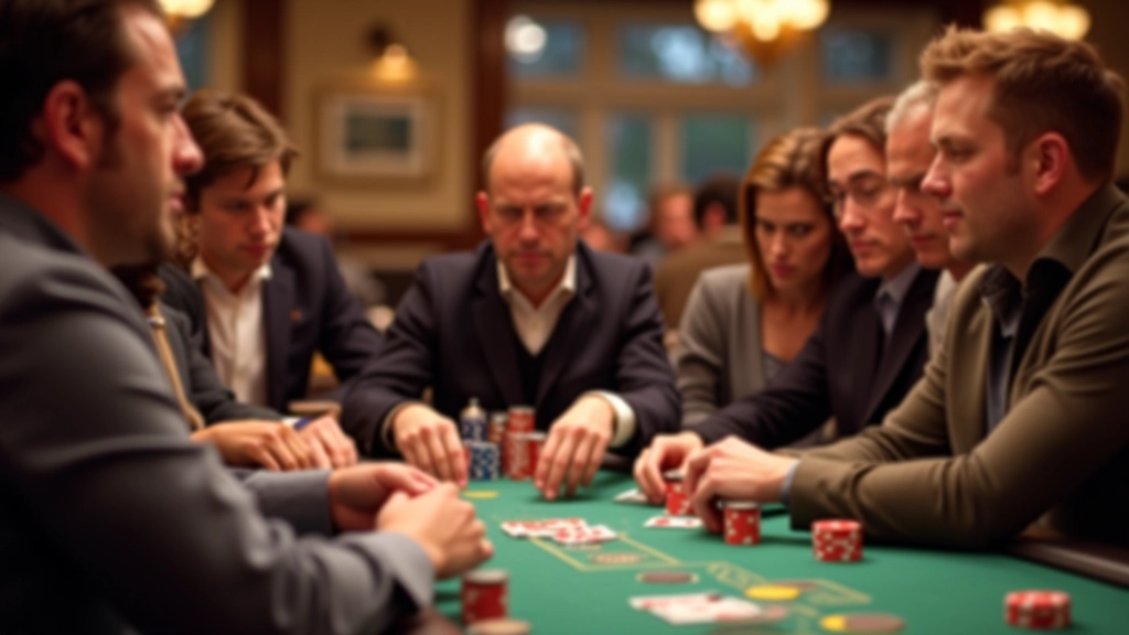 Players in various stages of concentration during tournament play, showing focus and decision-making at a professional poker table