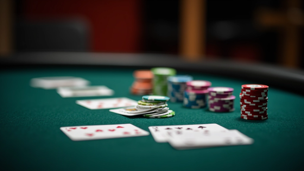 Close-up of poker chips, playing cards, and betting chips arranged on a felt table surface