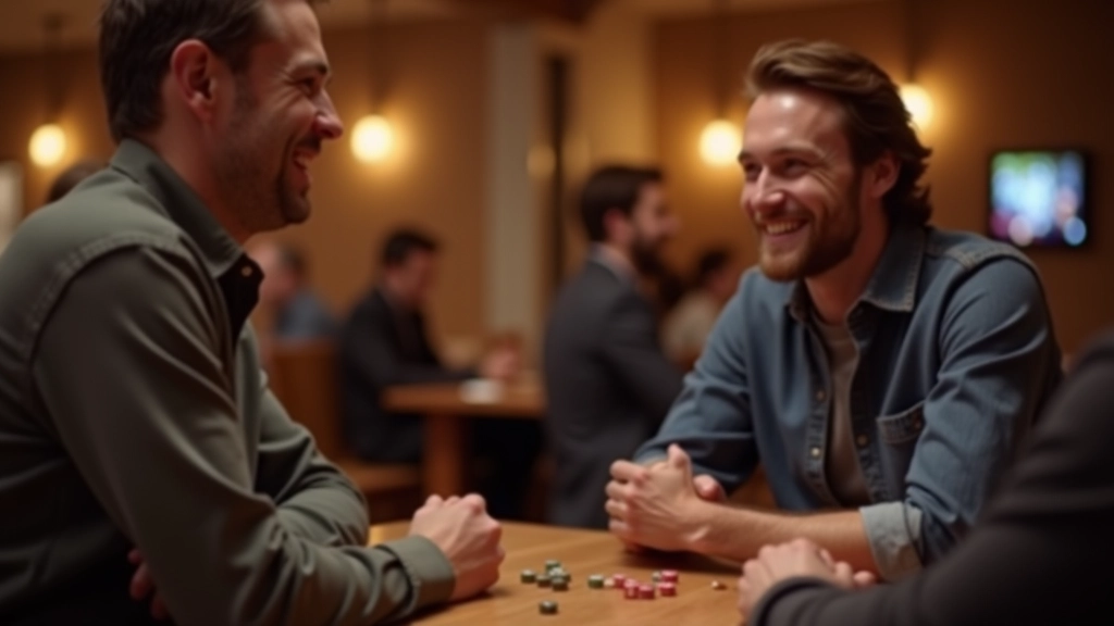 Friendly conversation between two players during a break in gaming, both smiling and engaged in friendly chat at a gaming venue